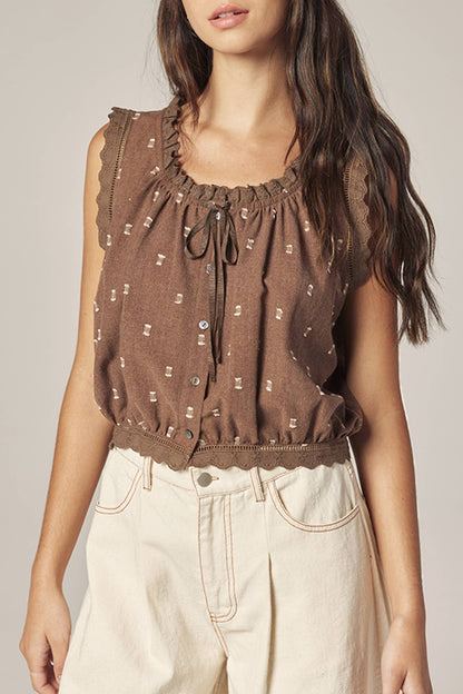 Button down short blouse: Mocha / Polka Dots