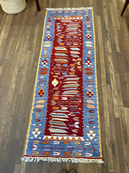 Turkish Long Runner Rug - Red / orange / blue