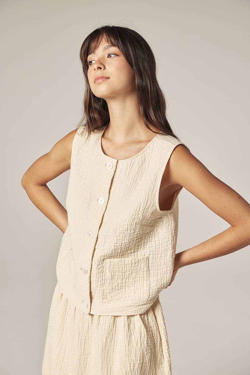 Botton down jacquard top: Cream / Solid