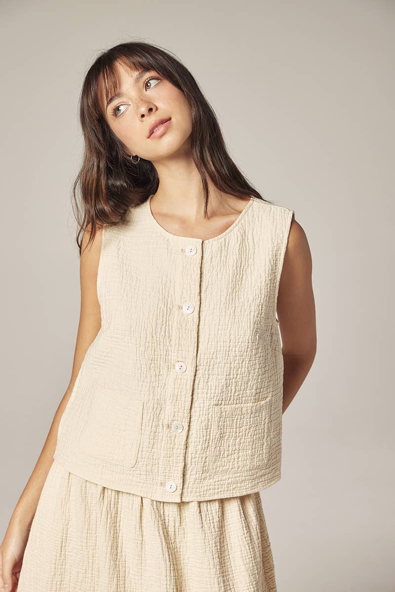 Botton down jacquard top: Cream / Solid