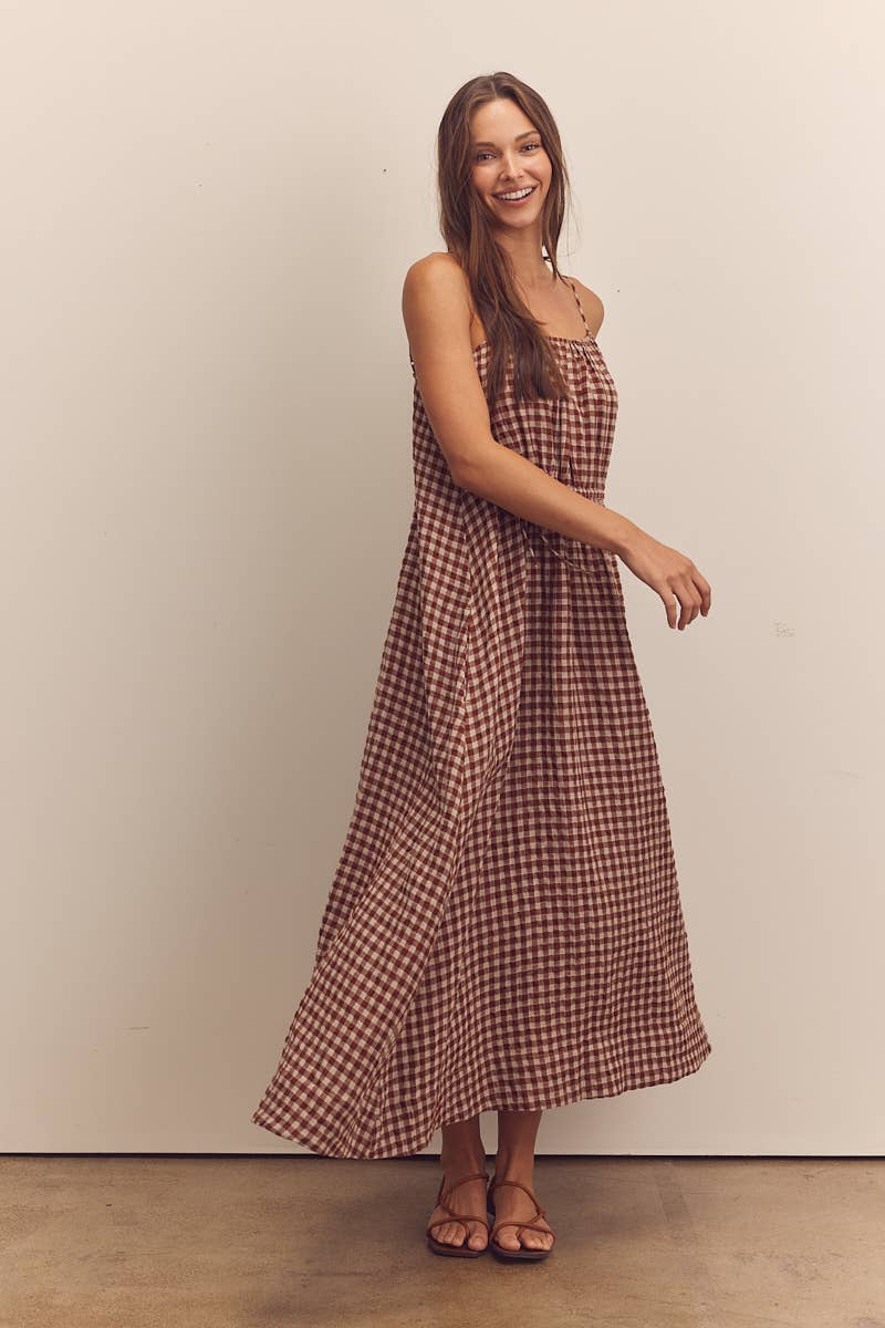 Front shirring gingham cami dress: Brick / Checkered