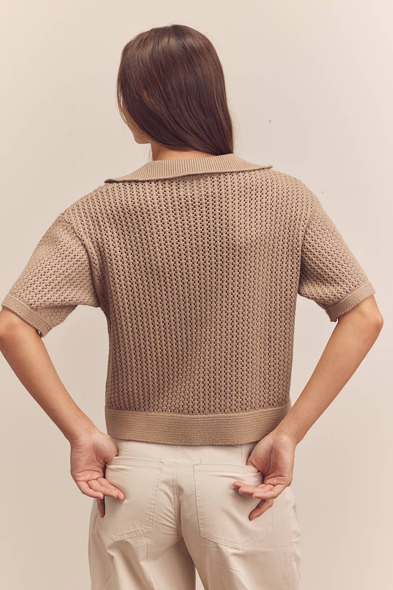 Collar textured sweater top: Mocha / Solid