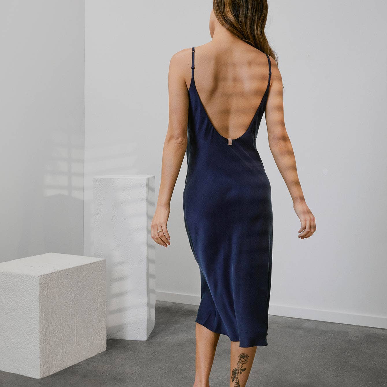 Lunya Washable Silk Bias Slip Dress: Deep Blue / M