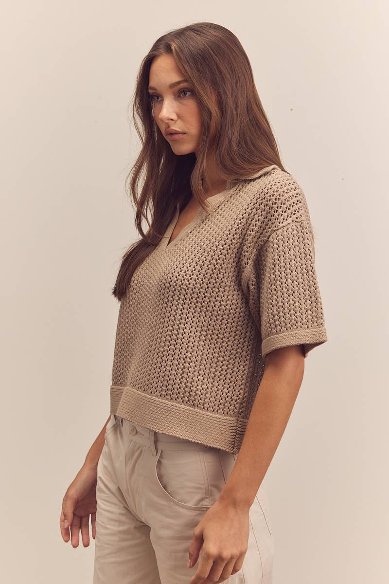Collar textured sweater top: Mocha / Solid