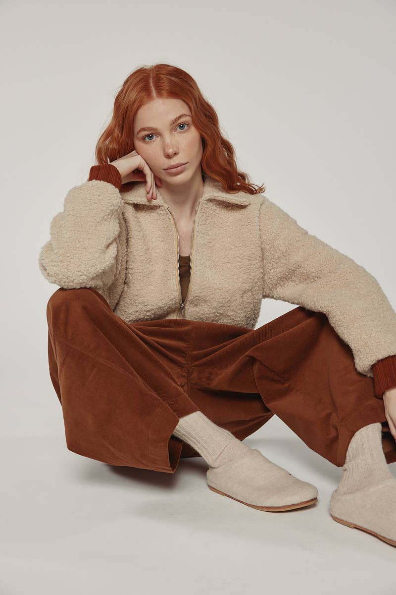 Wool blend ribbed short bomber jacket: Oatmeal / Solid