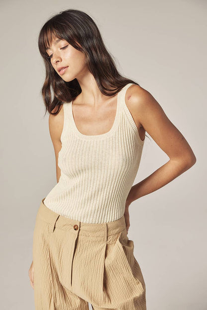 Cotton linen blend rib cami: Cream / Solid