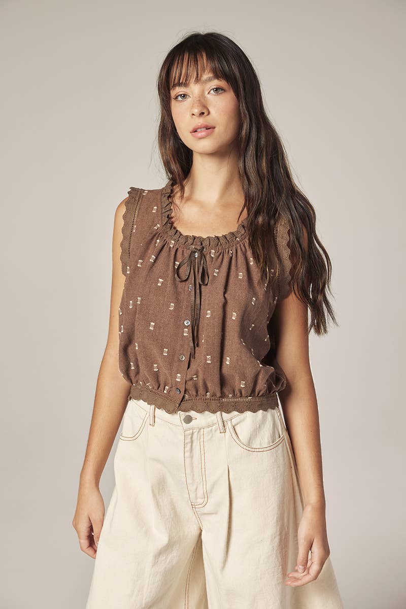 Button down short blouse: Mocha / Polka Dots