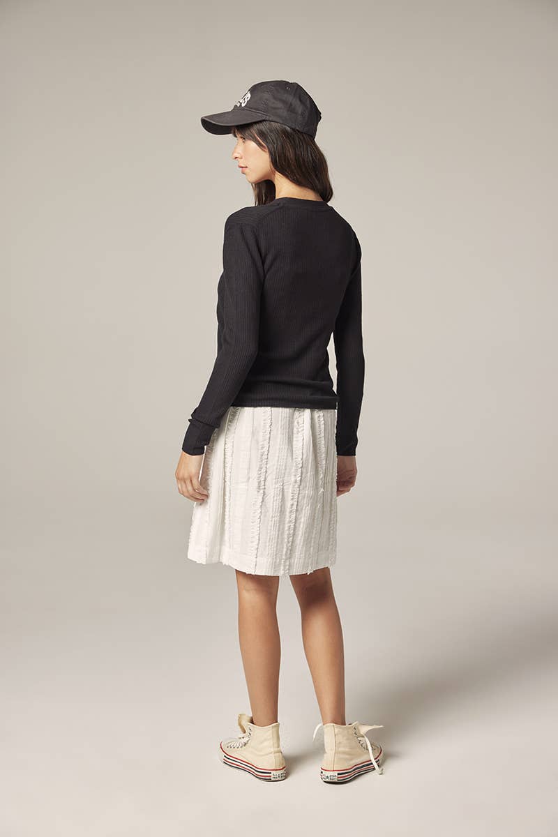 V-neck cotton line rib cardigan: Black / Solid