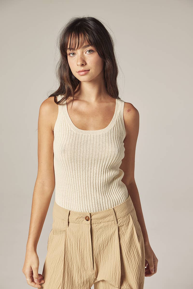 Cotton linen blend rib cami: Cream / Solid