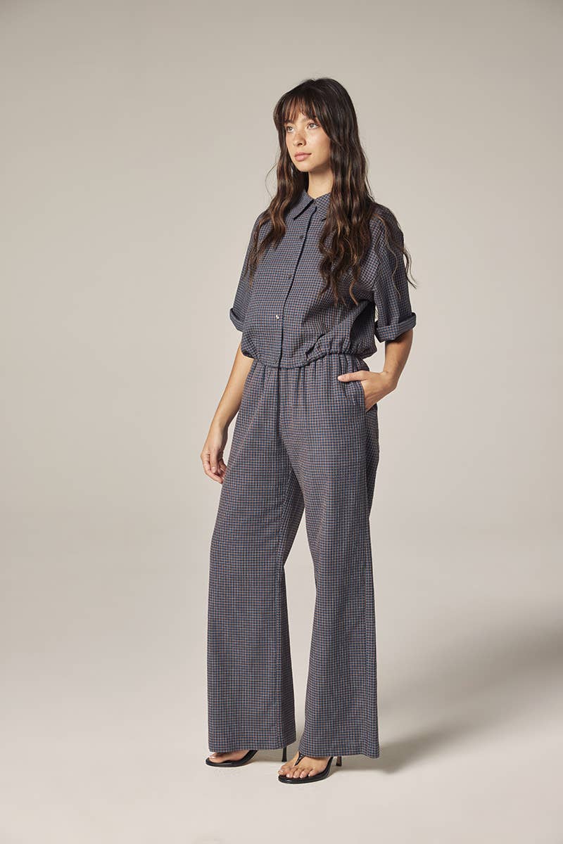 Elestic waist palazzo pants: Blue/Rust / Plaid
