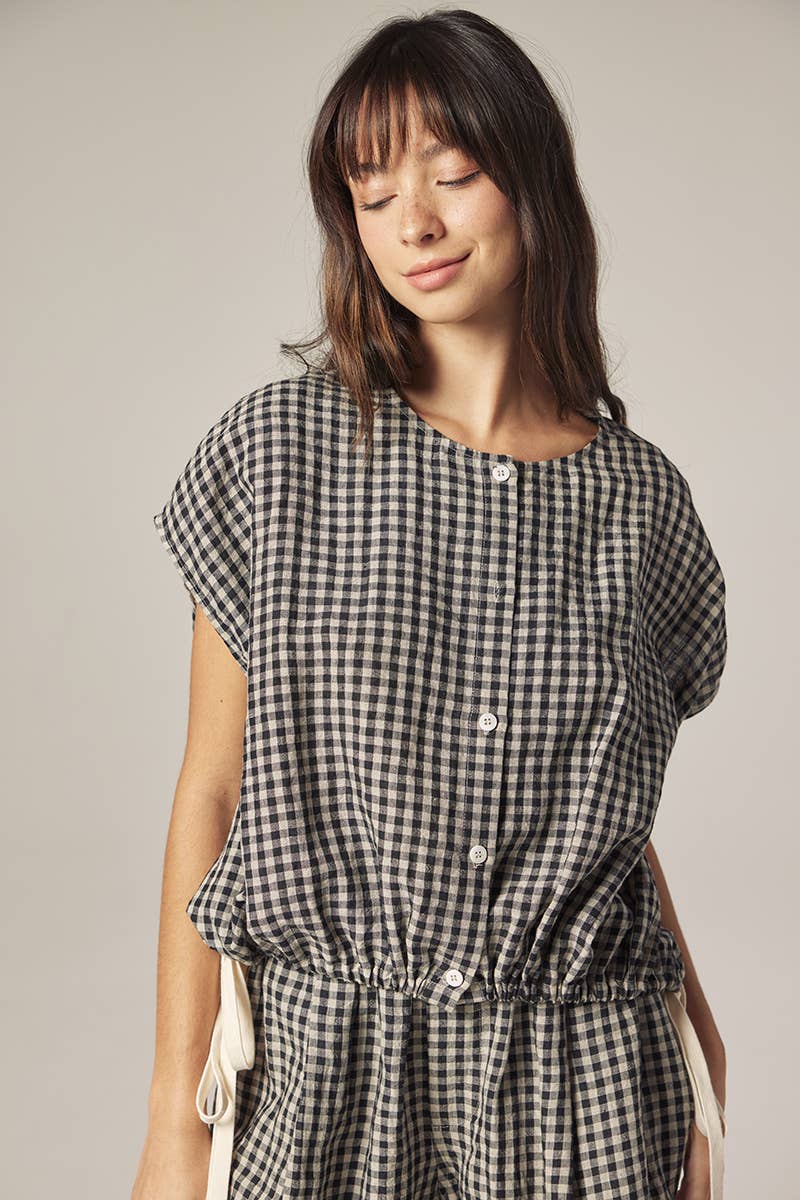 Gingham Drop Sleeve Button Down Top: Black/Natural / Checkered