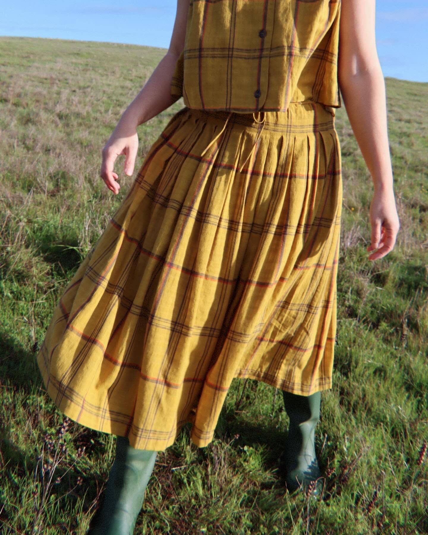 Drawstring cotton plaid skirts: Mustard Plaid / Plaid