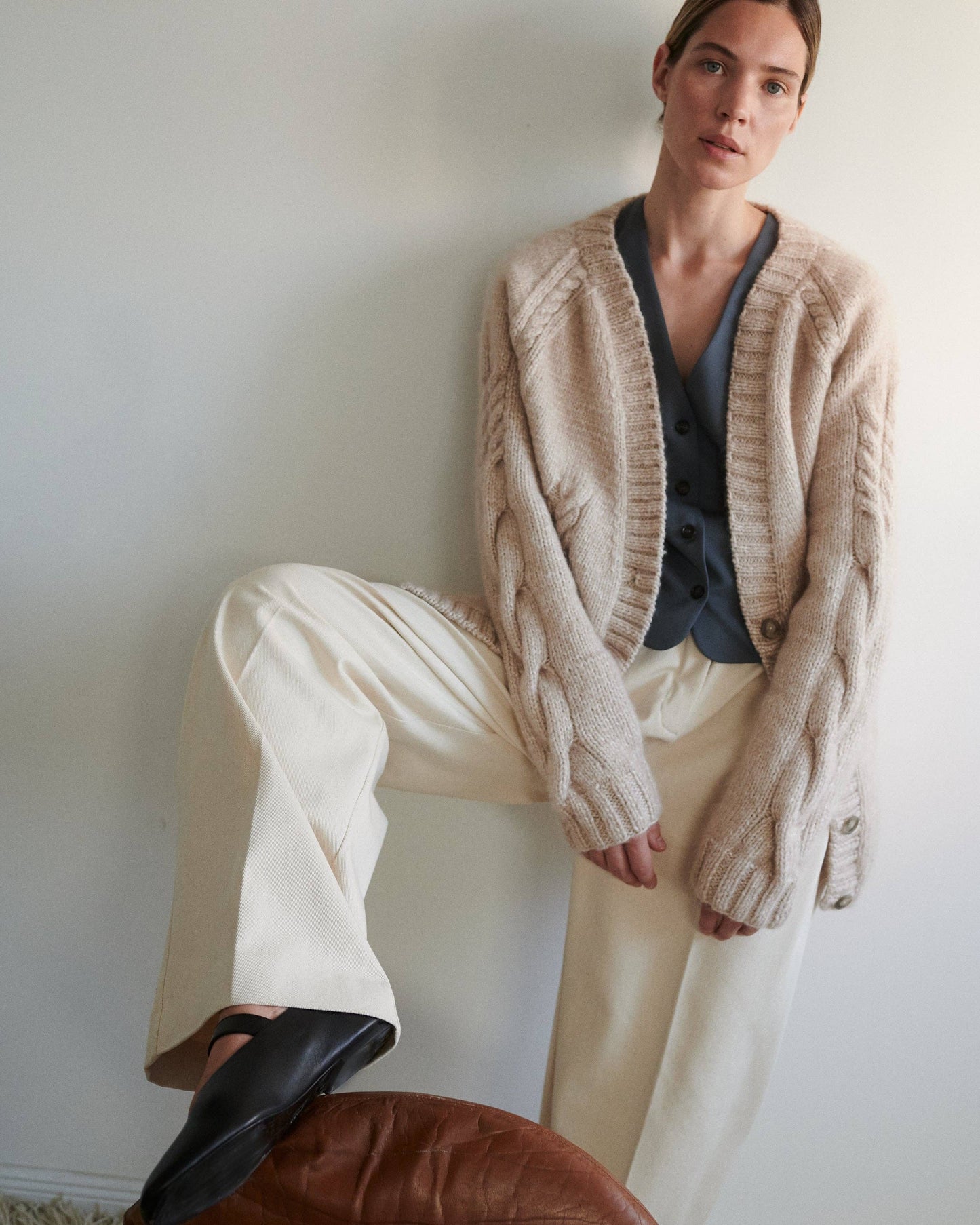 Vilnelė: Beige Merino Wool Cardigan: Beige / S