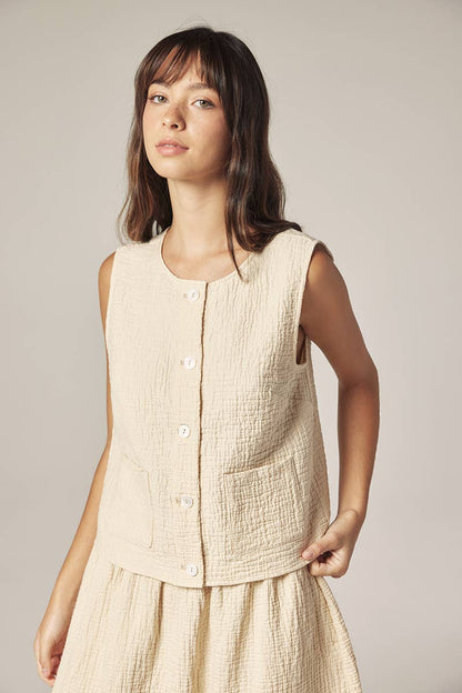 Botton down jacquard top: Cream / Solid