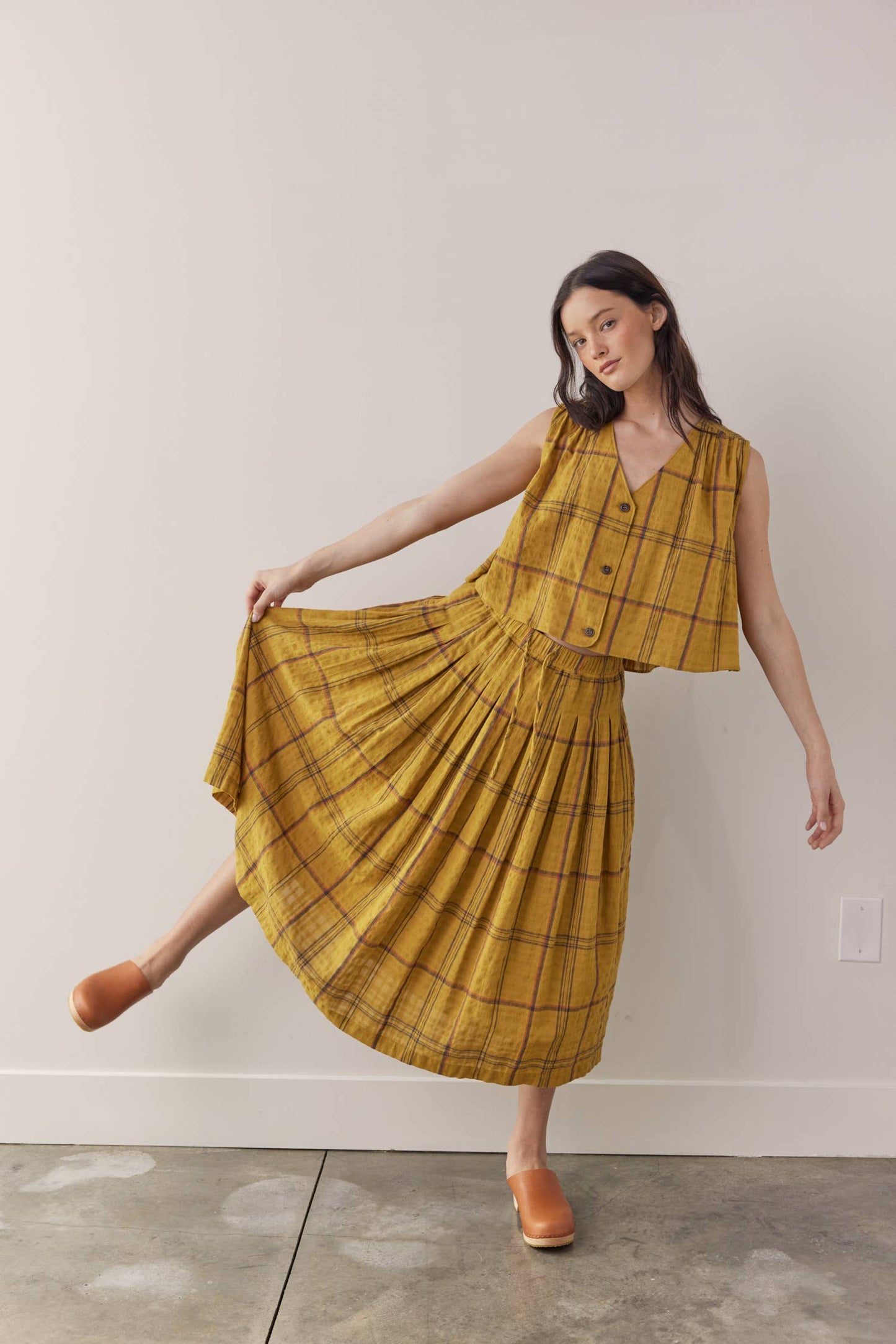 Drawstring cotton plaid skirts: Mustard Plaid / Plaid