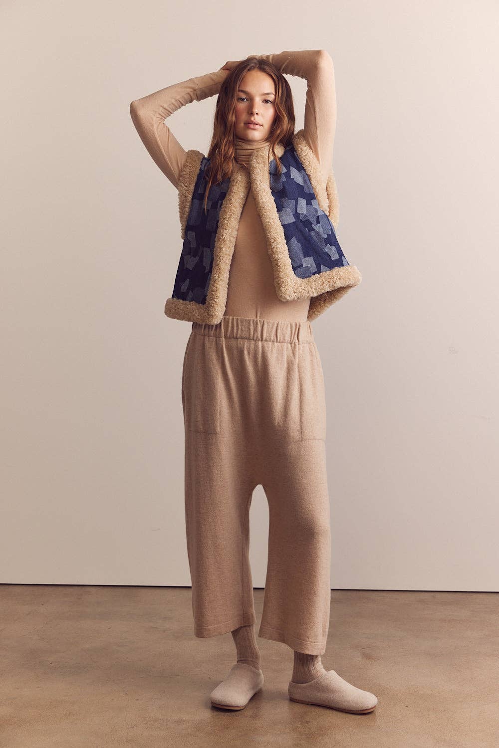 Shepherd-lined patched  denim vest: Patched denim / Patchwork / M/L