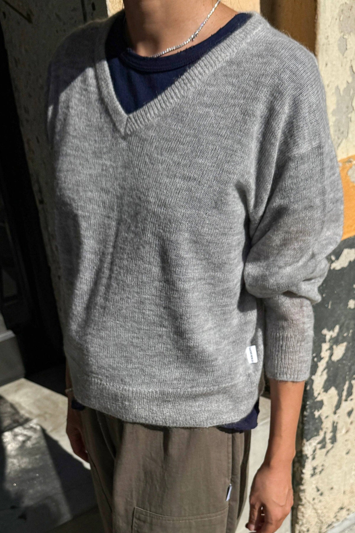 Matthew V-Neck Mohair Sweater Icy Grey