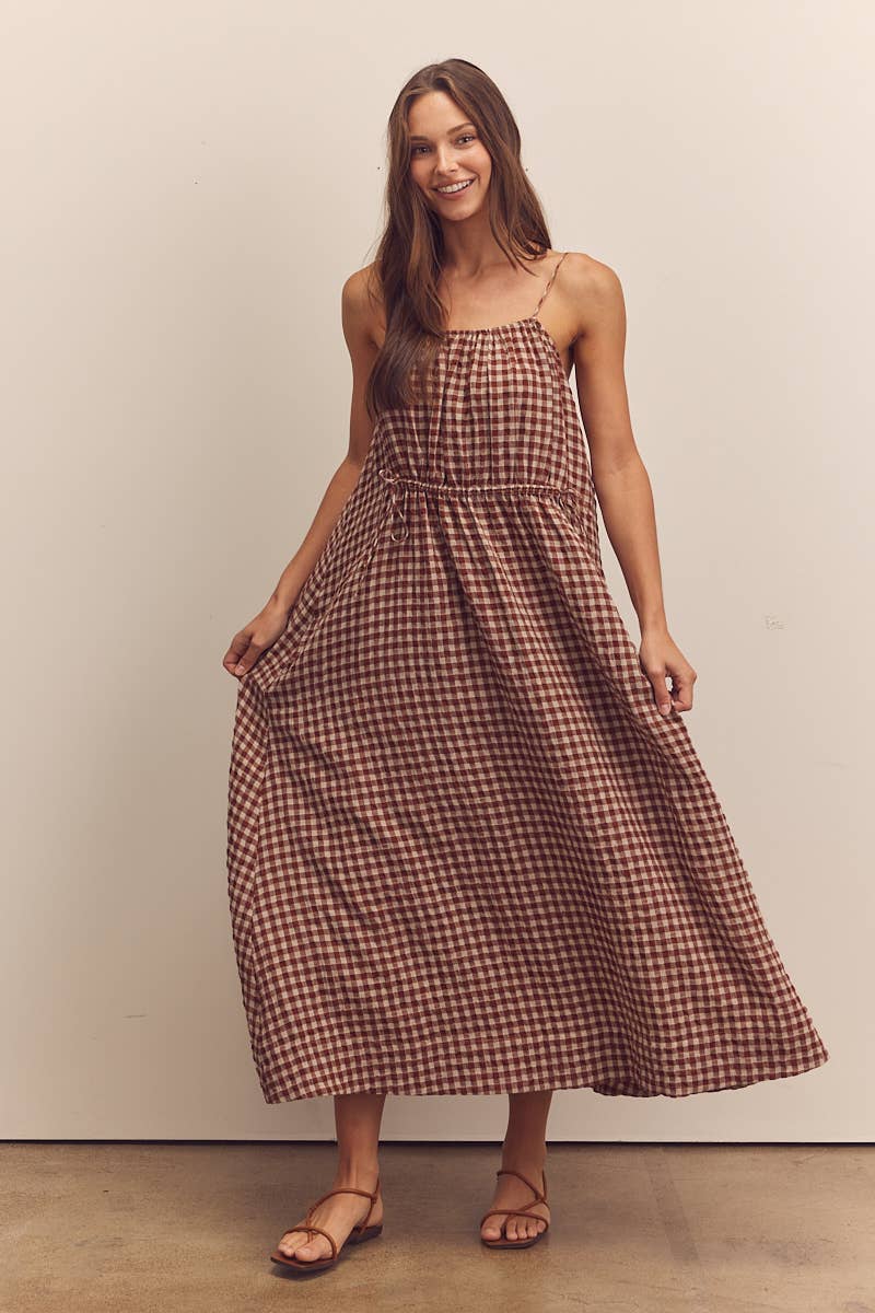 Front shirring gingham cami dress: Brick / Checkered