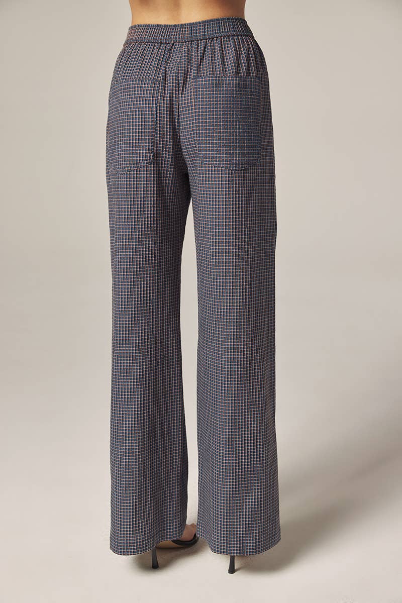 Elestic waist palazzo pants: Blue/Rust / Plaid