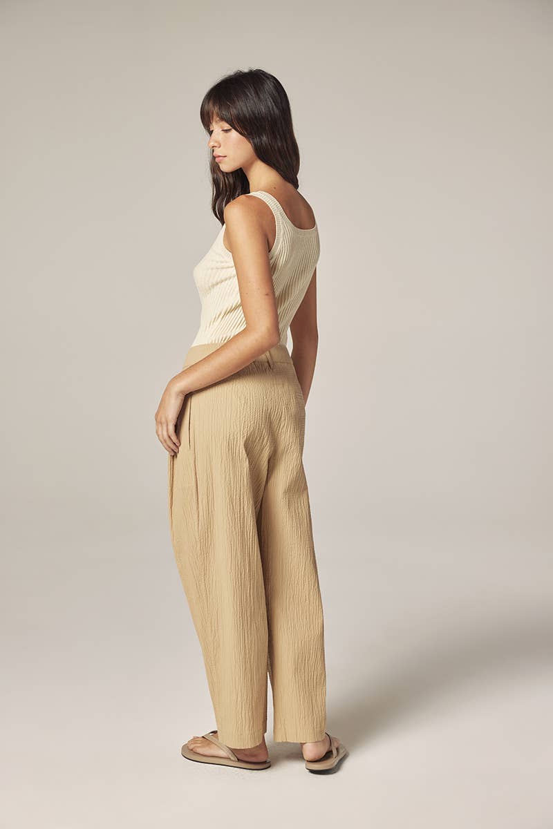 Cotton linen blend rib cami: Cream / Solid