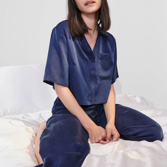 Lunya Washable Silk High Rise Pant Set: Deep Blue / XS