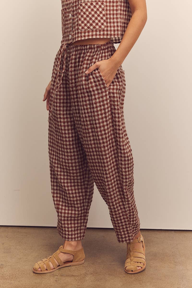 Drawstring easy pants: Brick / Plaid