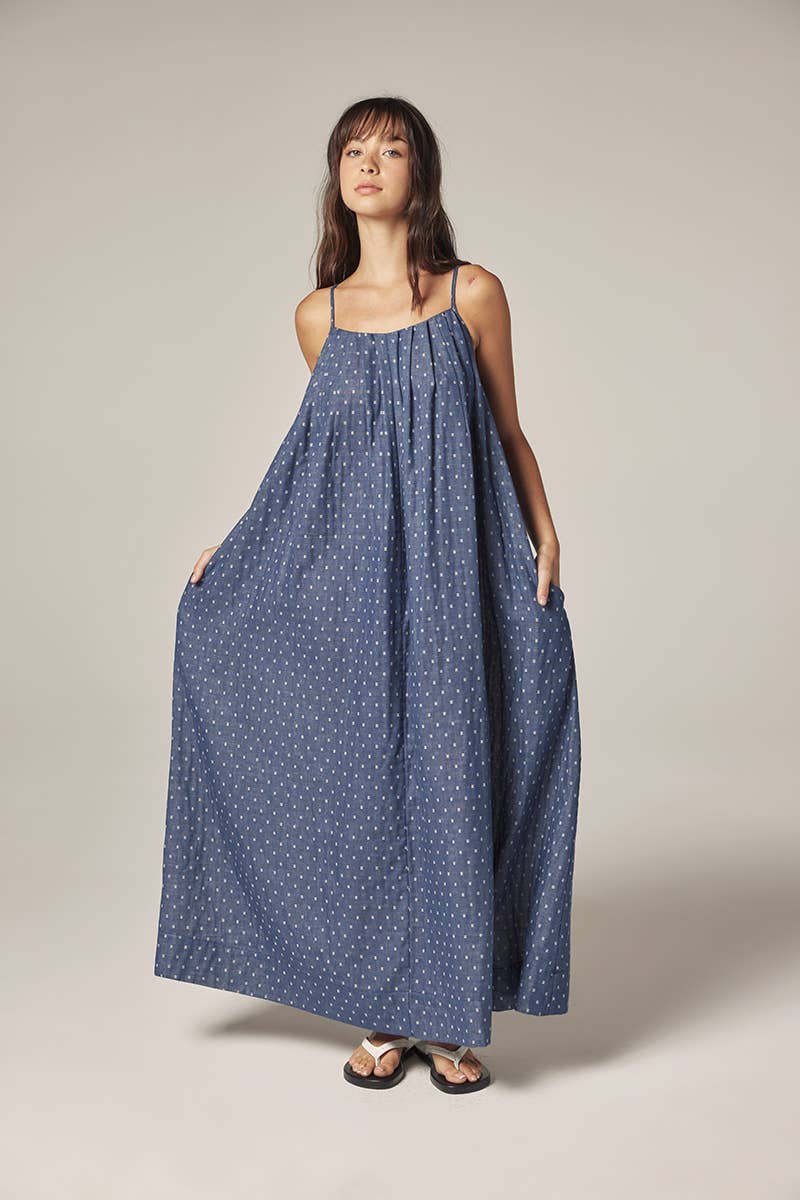 Tie back ankle dress: Denim / Polka Dots