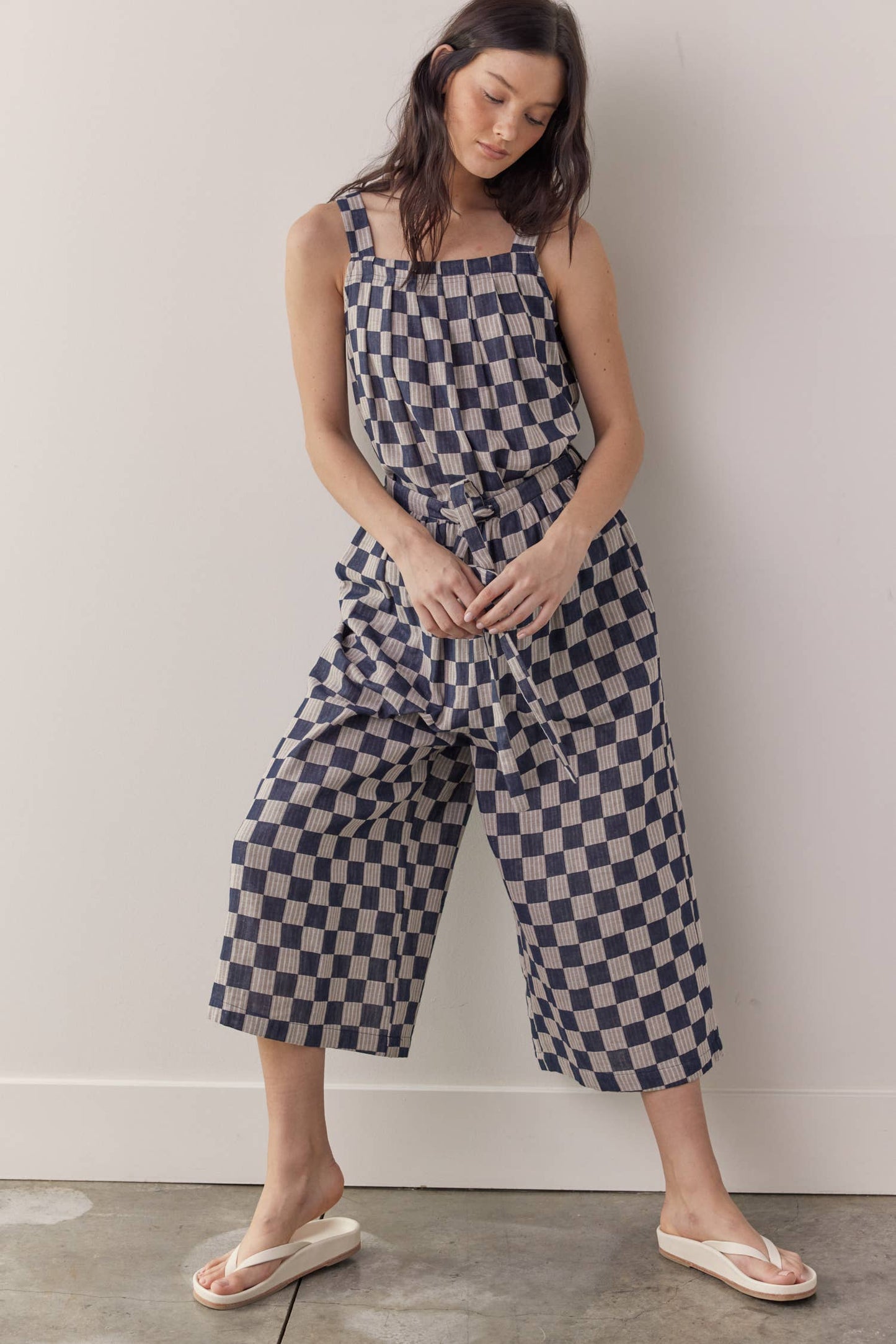 Front tie cotton wide pants: Blue/Taupe / Checkered
