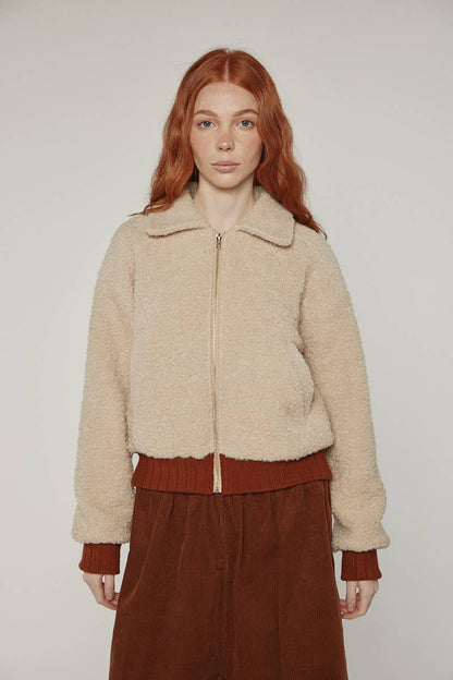 Wool blend ribbed short bomber jacket: Oatmeal / Solid