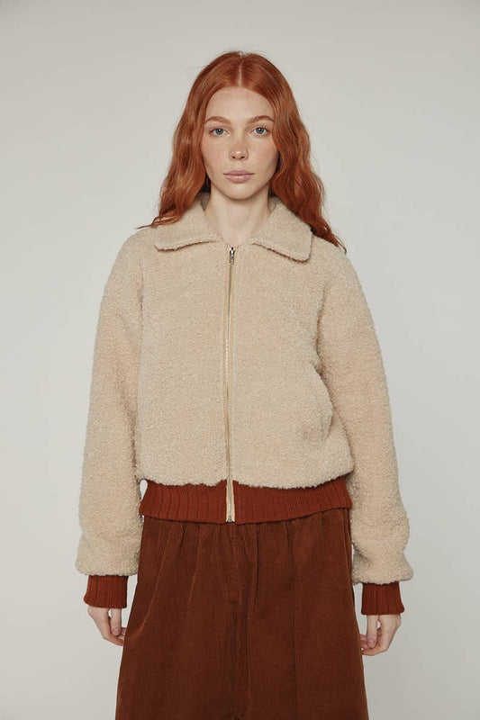 Wool blend ribbed short bomber jacket: Oatmeal / Solid