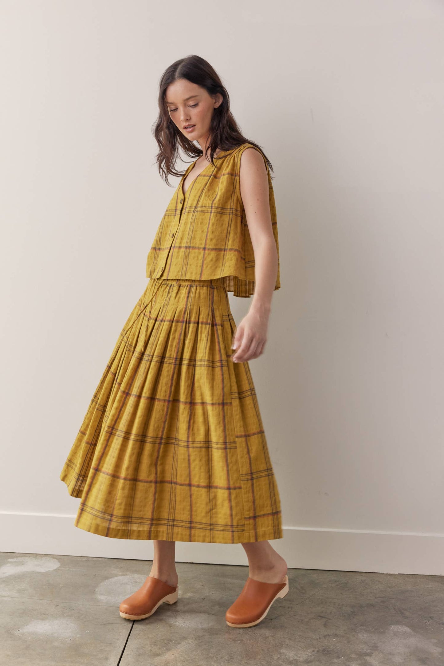 Drawstring cotton plaid skirts: Mustard Plaid / Plaid