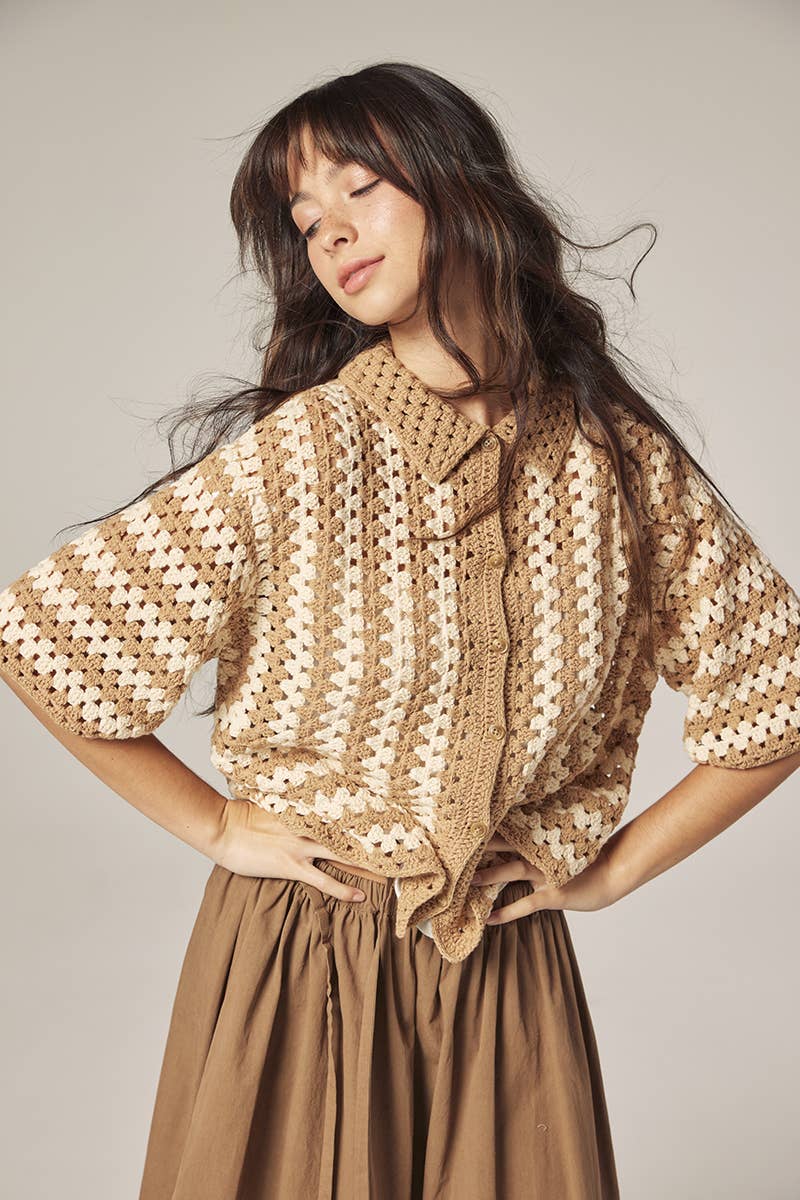 Hand knit crochet shirts: Khaki/Tan / Striped
