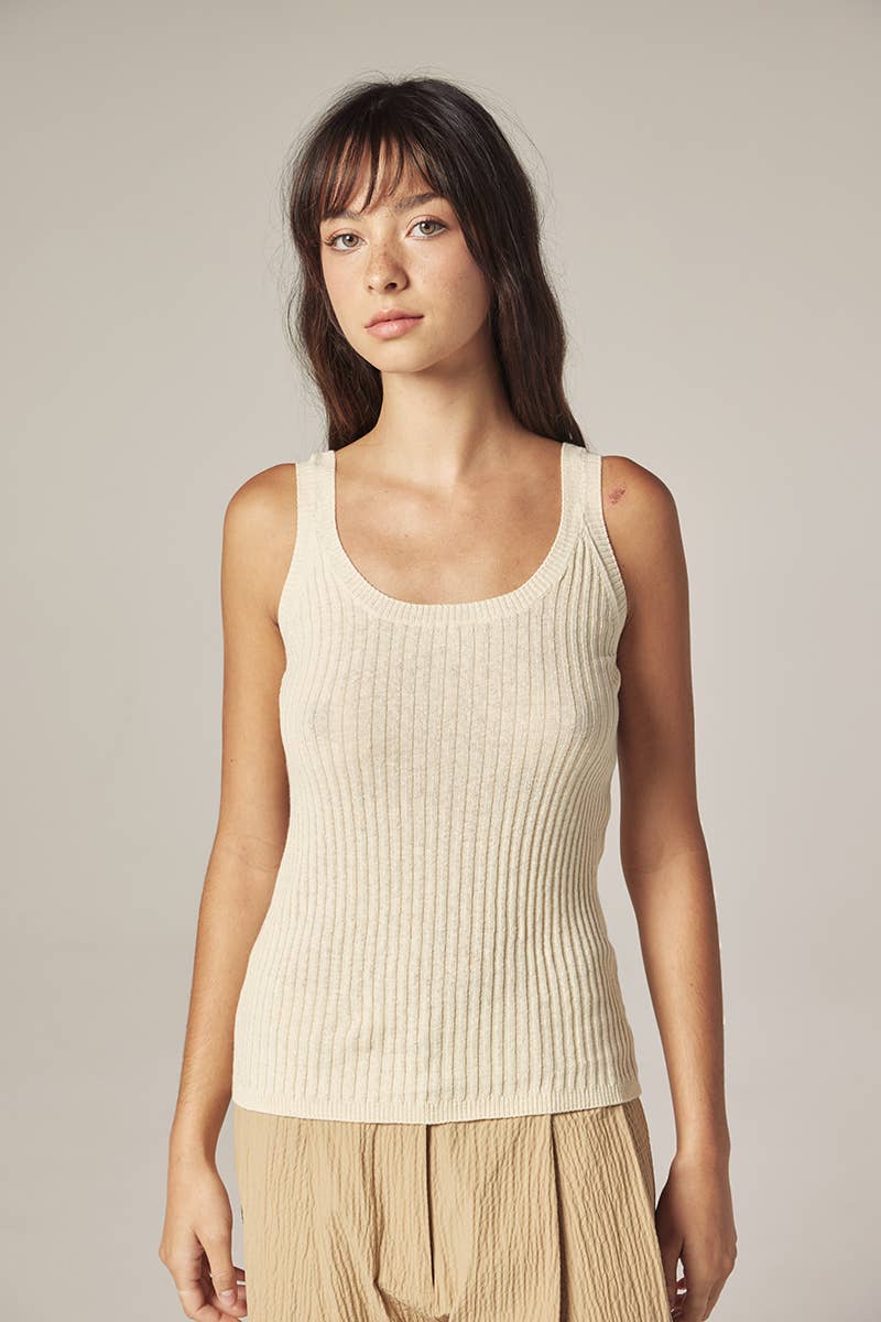 Cotton linen blend rib cami: Cream / Solid