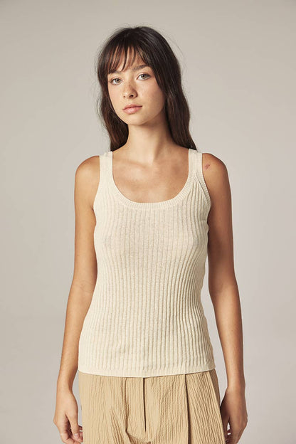 Cotton linen blend rib cami: Cream / Solid