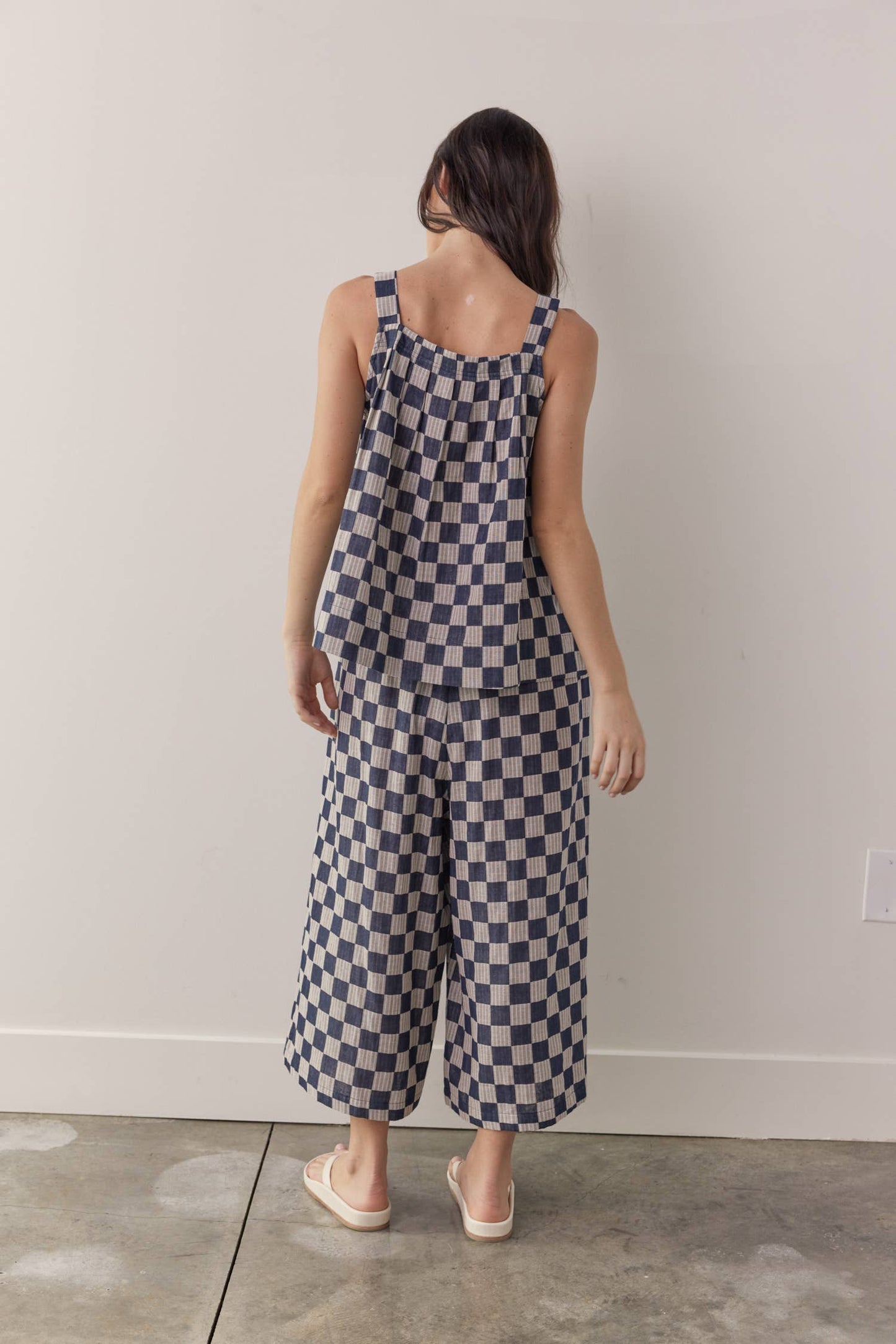 Front tie cotton wide pants: Blue/Taupe / Checkered
