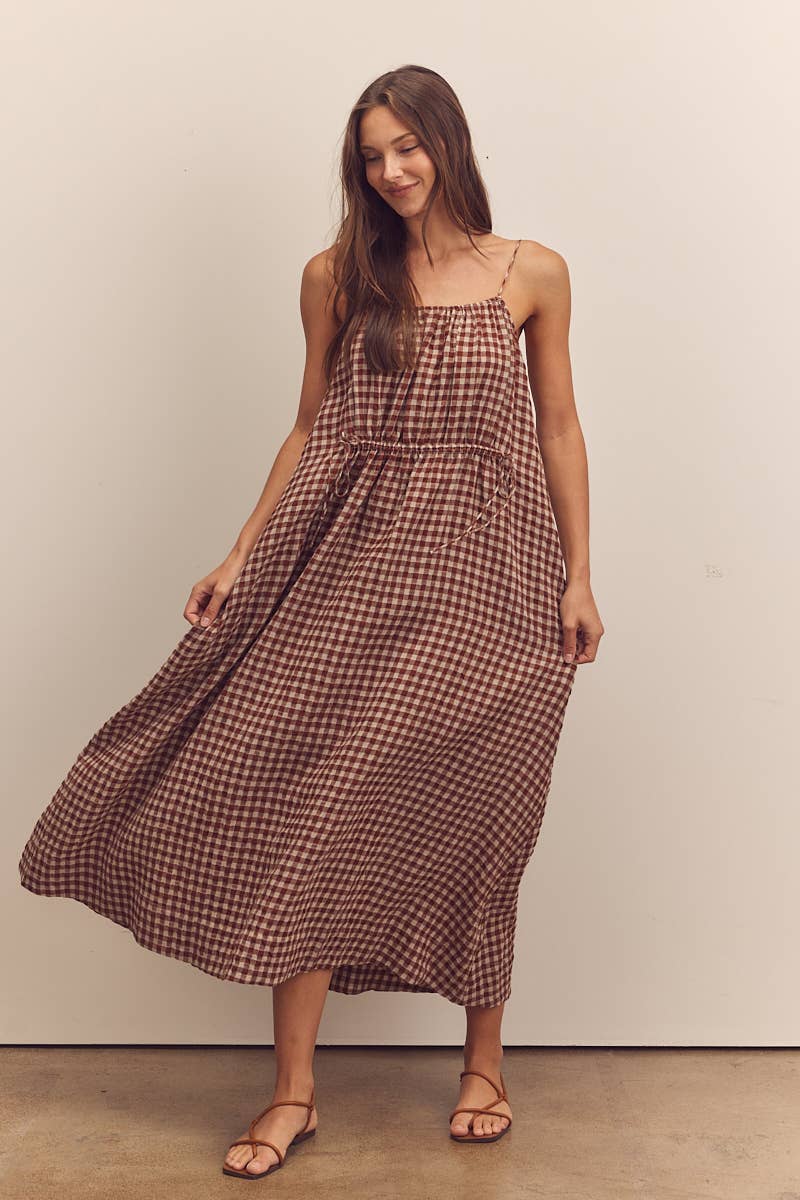 Front shirring gingham cami dress: Brick / Checkered