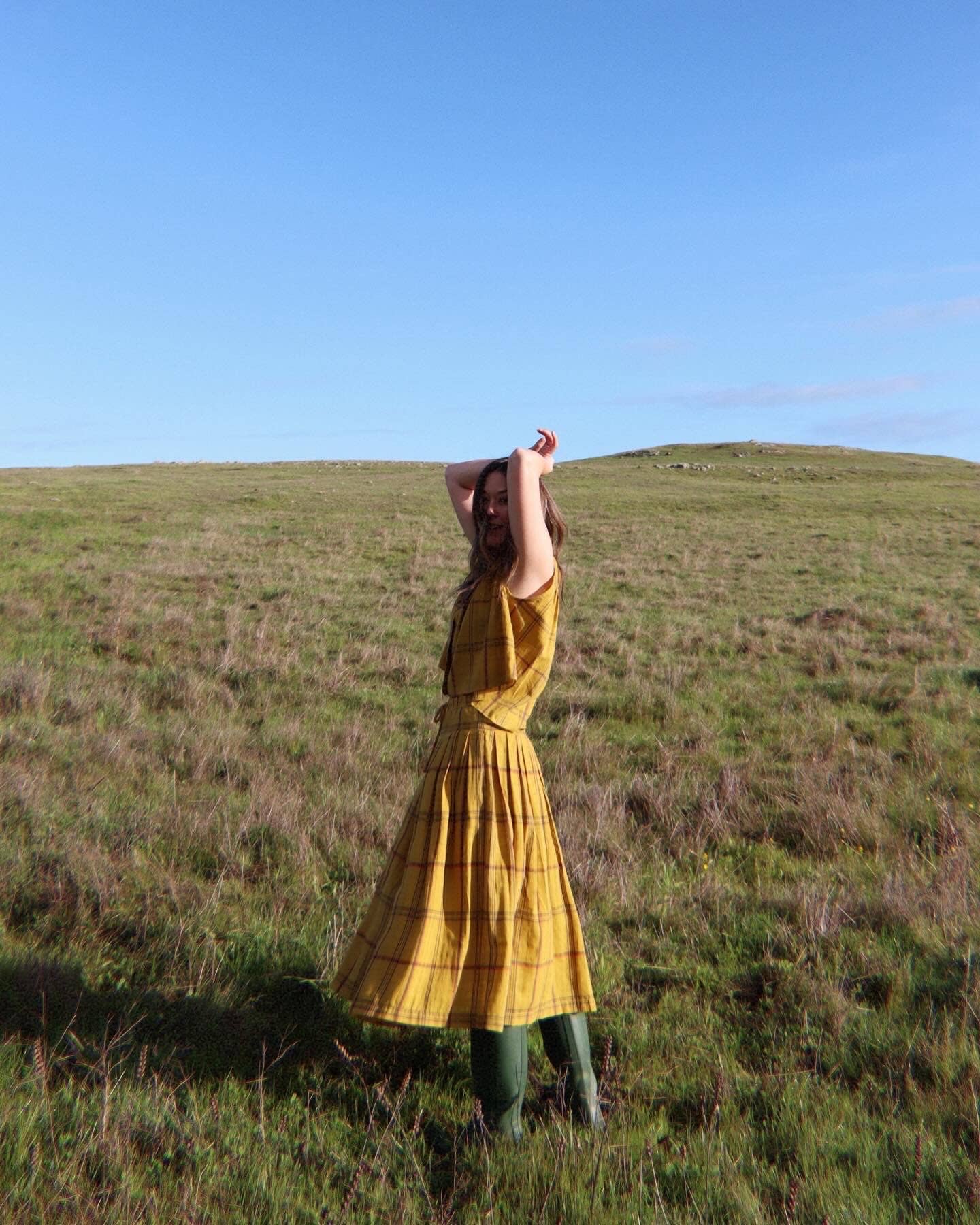 Drawstring cotton plaid skirts: Mustard Plaid / Plaid