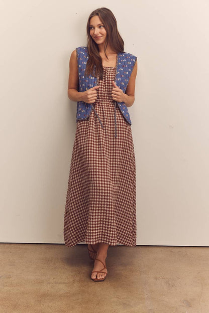 Front shirring gingham cami dress: Brick / Checkered