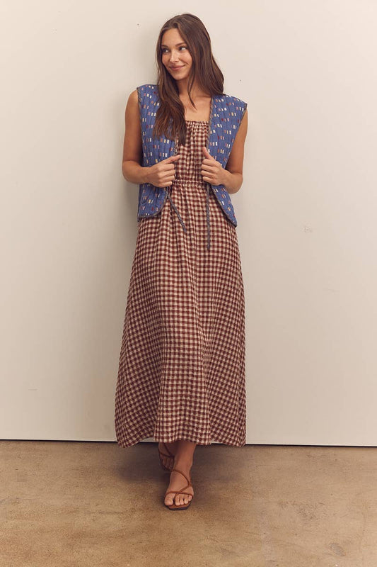 Front shirring gingham cami dress: Brick / Checkered