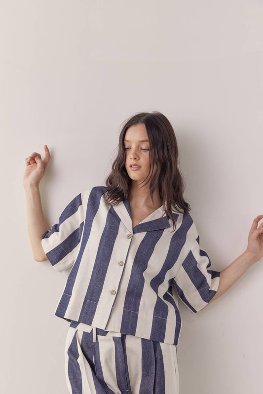 Striped half sleeve cotton shirts: Natural/Denim