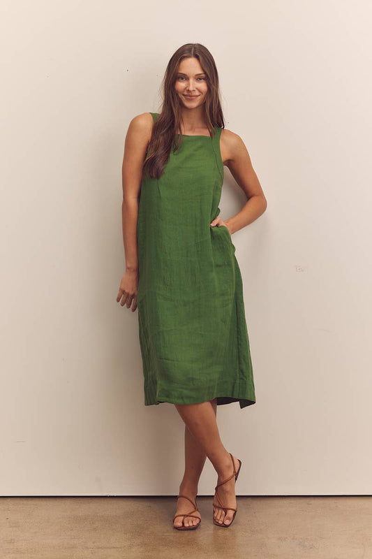 Back tied strap dress: Green / Solid