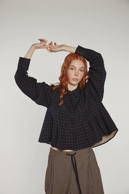 Cotton pleated blouse: Black / Plaid