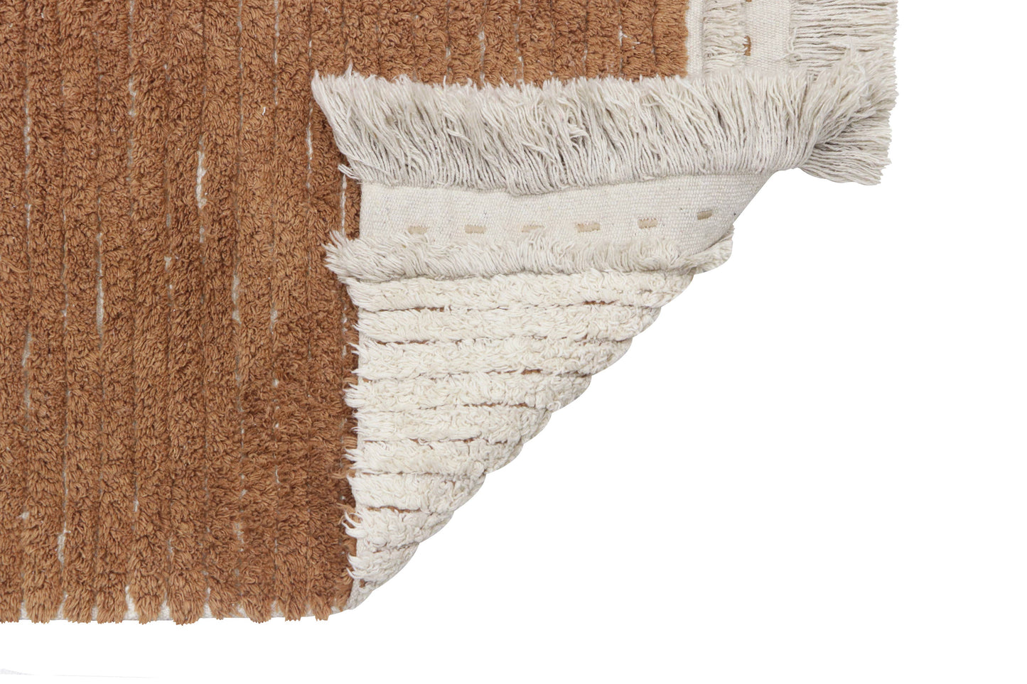 Reversible washable rug Duetto Toffee L: 5' 7" x 7' 10" / 97 % cotton           3 % other fibre
Base: recycled textile fibers