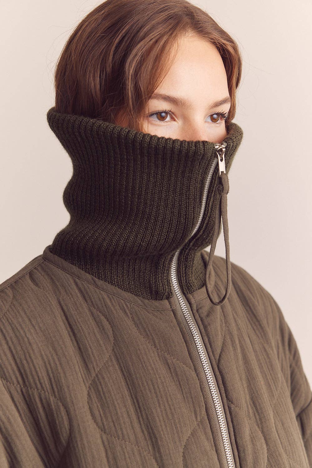 High neck rib collar cotton quilt jacket: Pine / Solid / XS/S