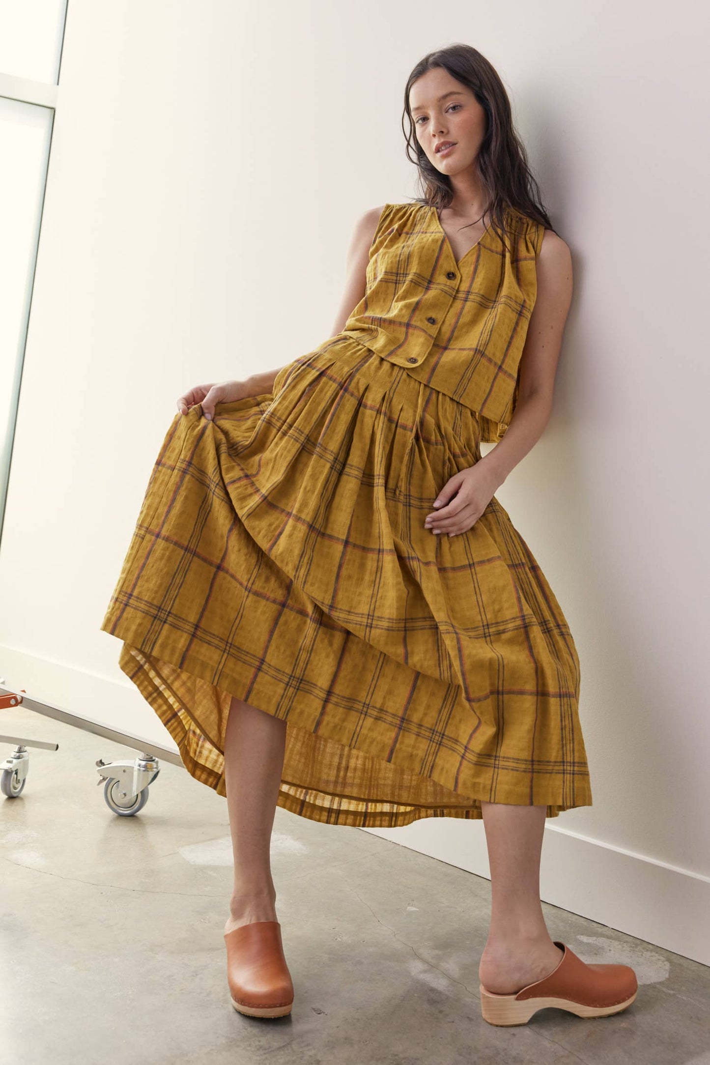 Drawstring cotton plaid skirts: Mustard Plaid / Plaid