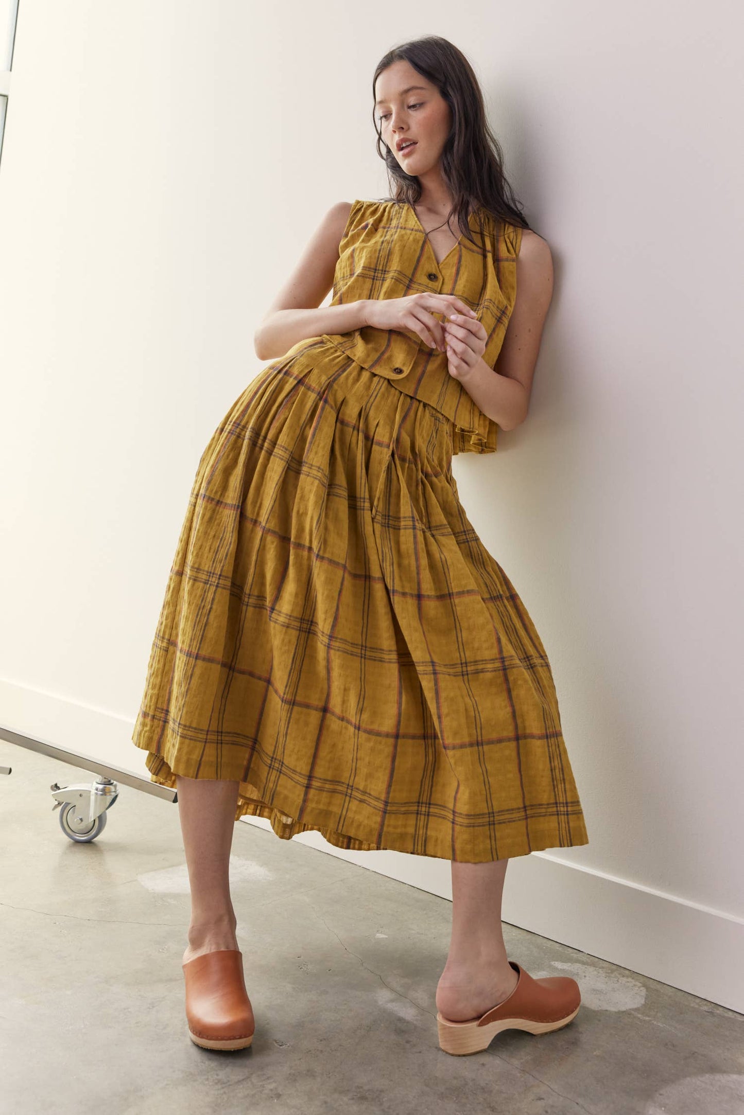 Drawstring cotton plaid skirts: Mustard Plaid / Plaid