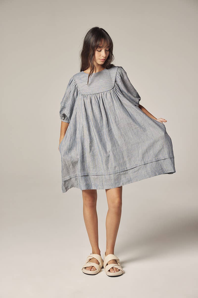 Yoke stripe dress: Lt Denim / Striped