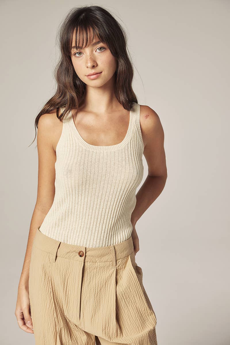 Cotton linen blend rib cami: Cream / Solid