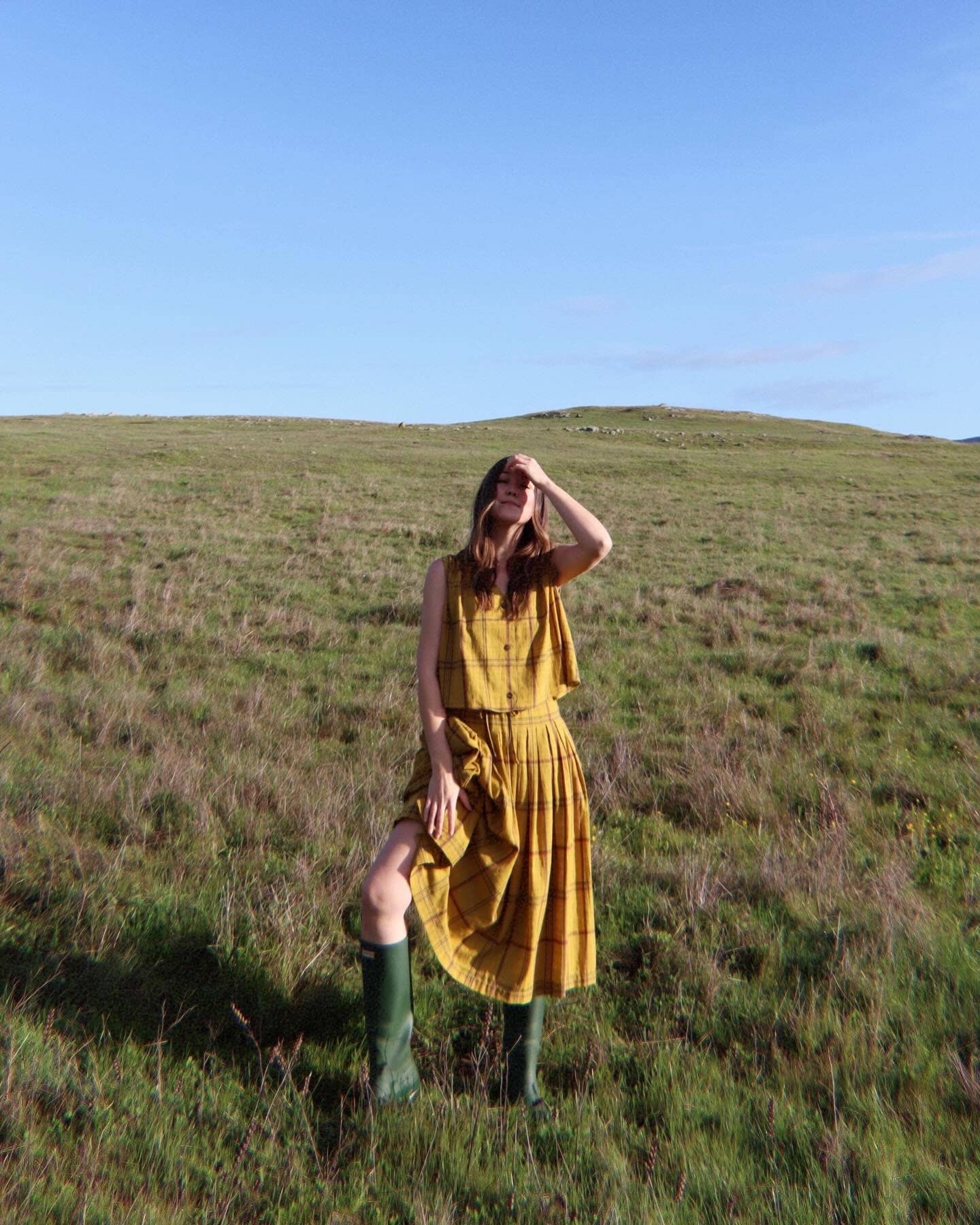 Drawstring cotton plaid skirts: Mustard Plaid / Plaid