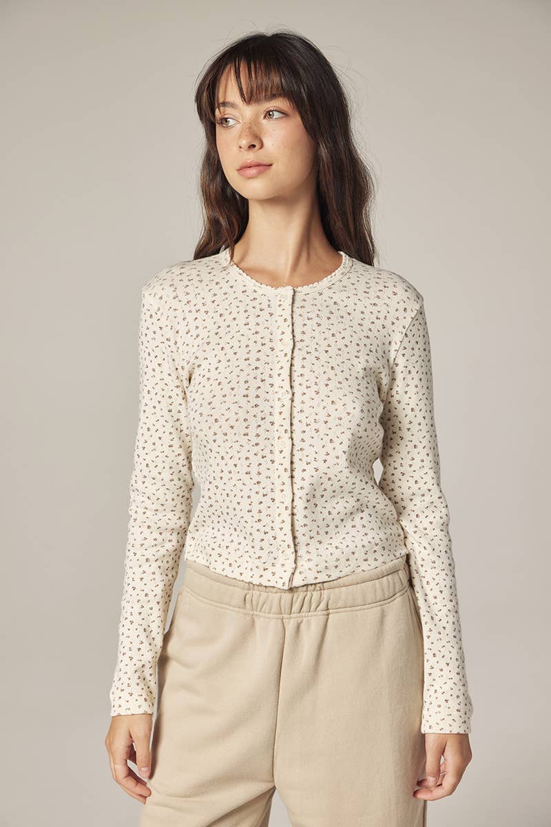 Romantic Button-down short cardigan: Cream/Navy / Floral